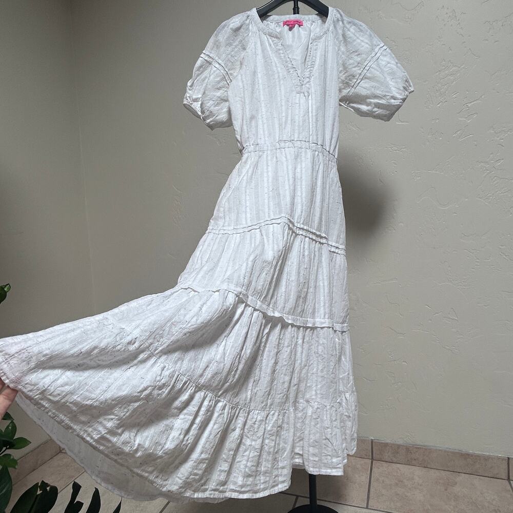 Betsey Johnson White Cotton Prairie Tiered Midi Dress Puff Sleeve Cottagecore S
